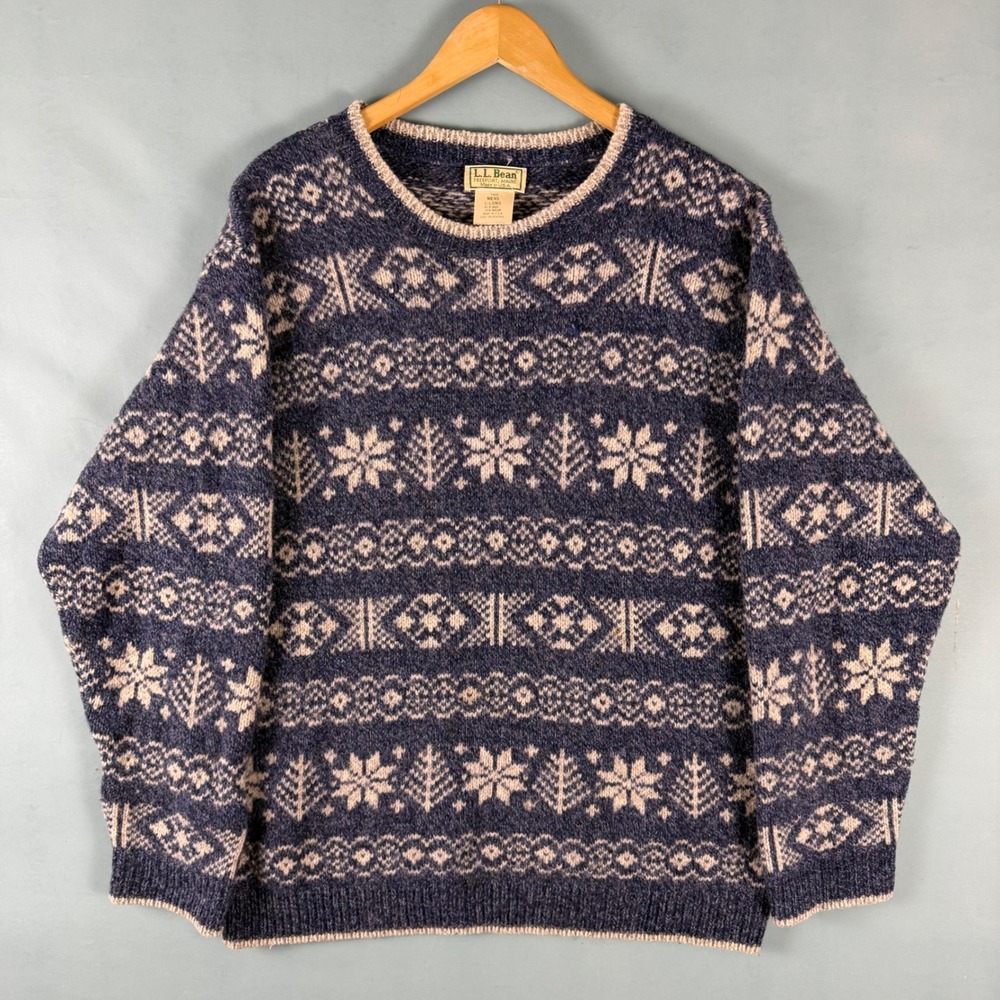 Vintage 80s 90s LL Bean Mens L Tall Navy Fair Isle Wool Sweater Made in USA
